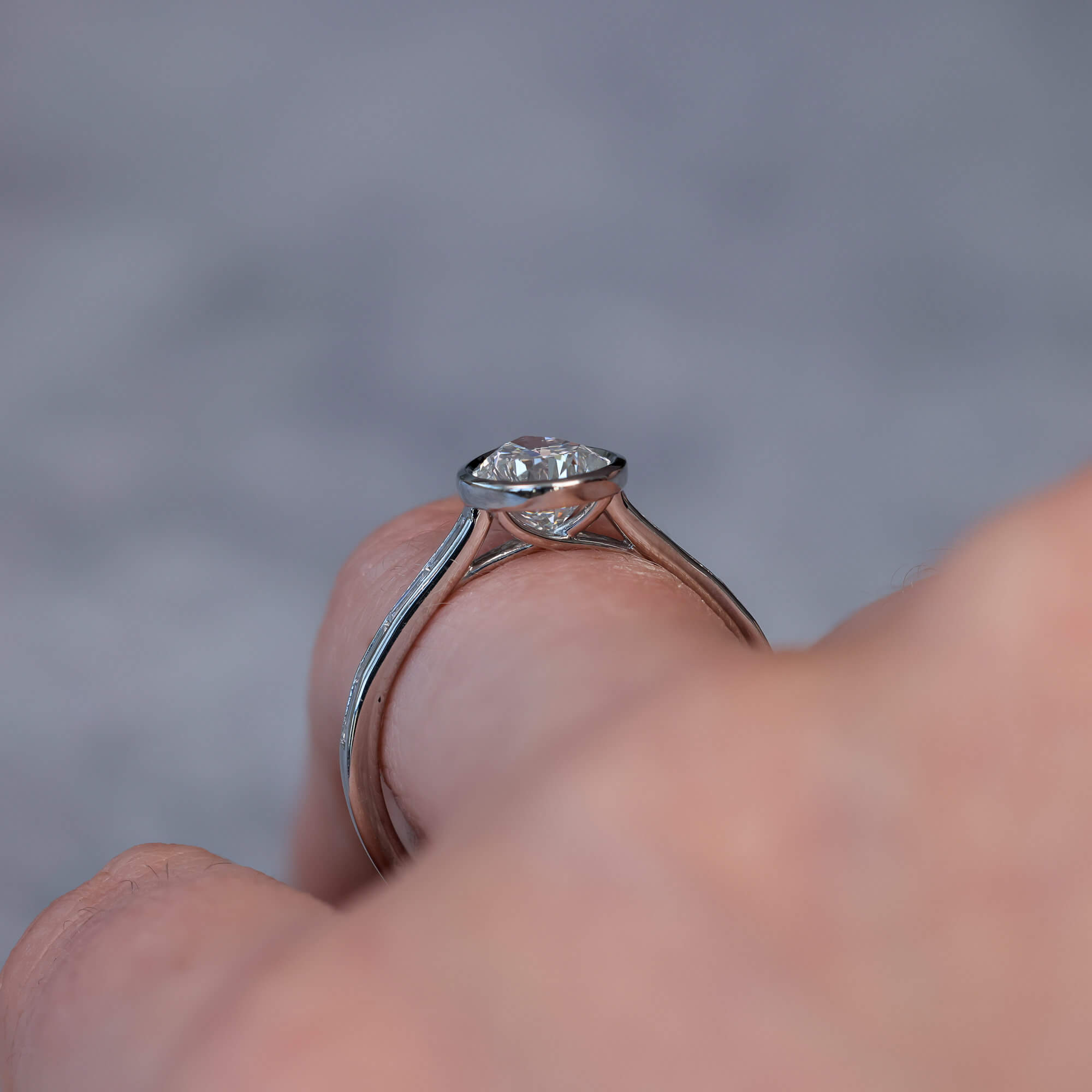Classic Bezel Pear & Baguette Cut White Sapphire Engagement Rings
