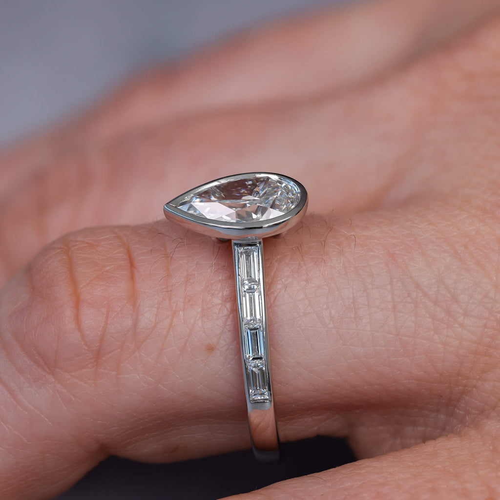Classic Bezel Pear & Baguette Cut White Sapphire Engagement Rings