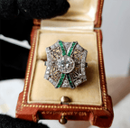 Vintage Art Deco Bezel Round Cut White & Emerald Sapphire Engagement Ring