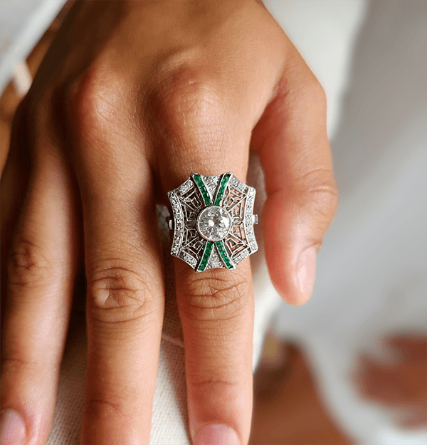 Vintage Art Deco Bezel Round Cut White & Emerald Sapphire Engagement Ring