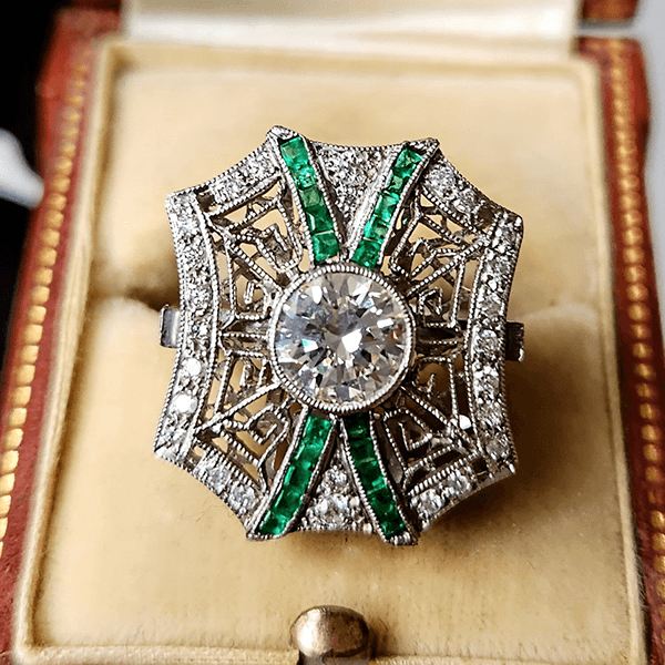 Vintage Art Deco Bezel Round Cut White & Emerald Sapphire Engagement Ring