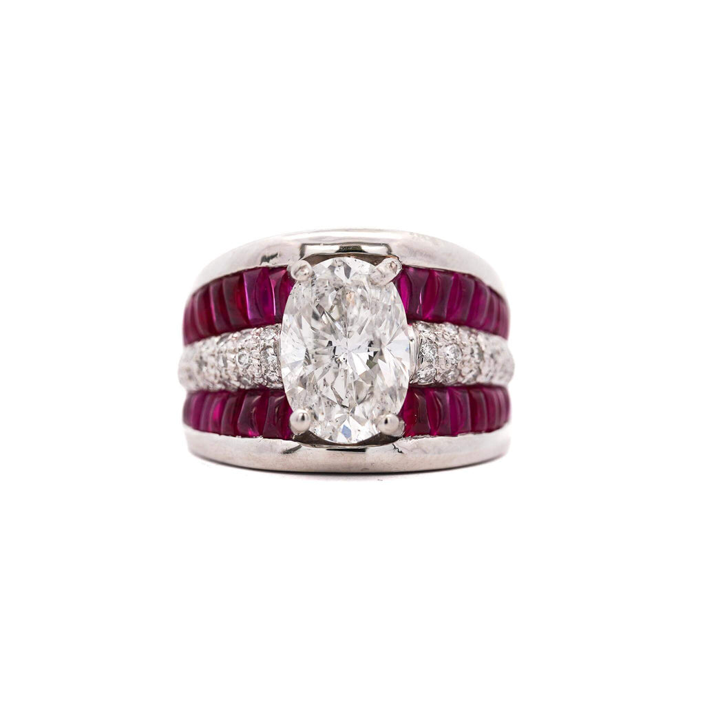 Luxury Jewelry Multi Row Oval Cut White & Ruby Sapphire Wide Band Engagement Ring