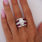Luxury Jewelry Multi Row Oval Cut White & Ruby Sapphire Wide Band Engagement Ring