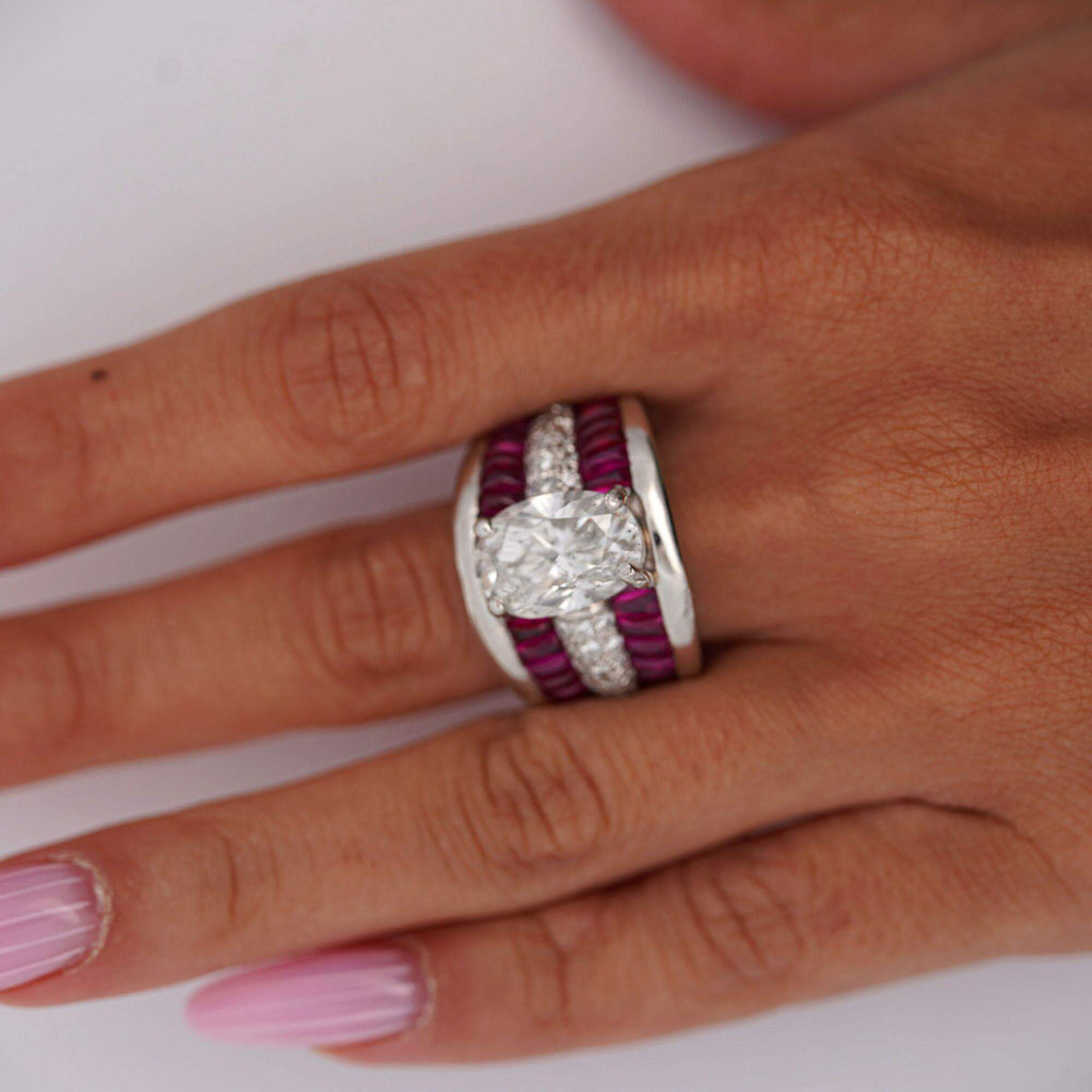 Luxury Jewelry Multi Row Oval Cut White & Ruby Sapphire Wide Band Engagement Ring