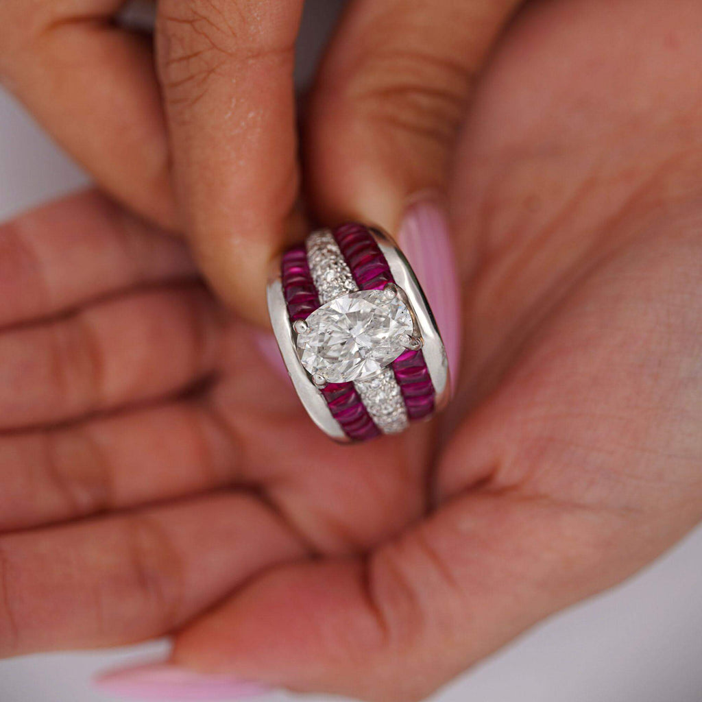 Luxury Jewelry Multi Row Oval Cut White & Ruby Sapphire Wide Band Engagement Ring