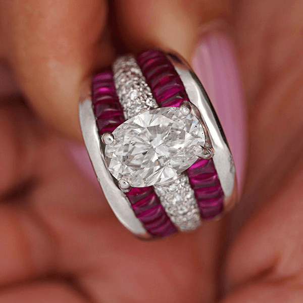 Luxury Jewelry Multi Row Oval Cut White & Ruby Sapphire Wide Band Engagement Ring