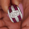 Luxury Jewelry Multi Row Oval Cut White & Ruby Sapphire Wide Band Engagement Ring