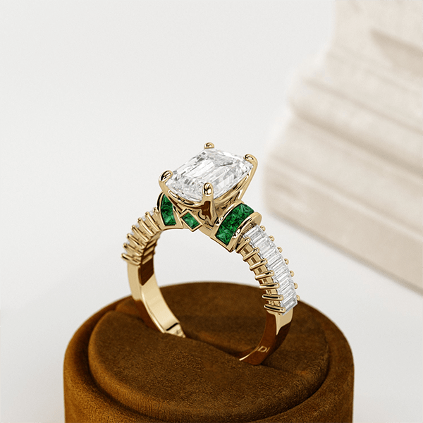 Yellow Gold Emerald Cut White & Emerald Sapphire Engagement Ring
