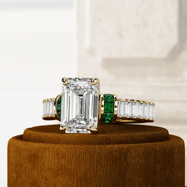 Yellow Gold Emerald Cut White & Emerald Sapphire Engagement Ring