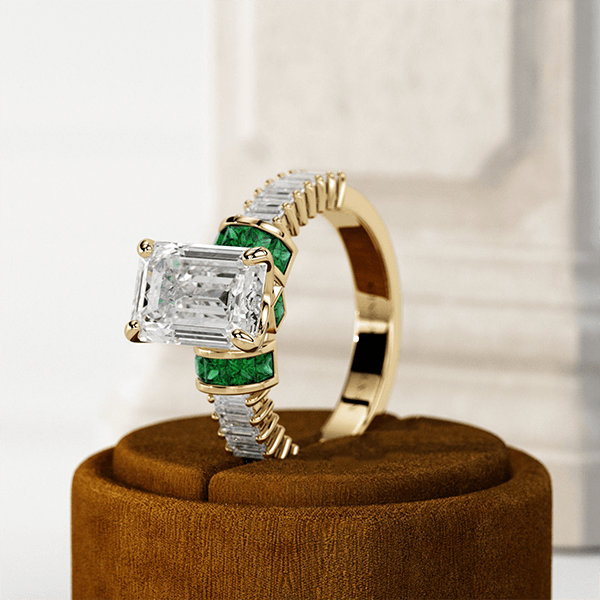 Yellow Gold Emerald Cut White & Emerald Sapphire Engagement Ring