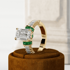 Yellow Gold Emerald Cut White & Emerald Sapphire Engagement Ring