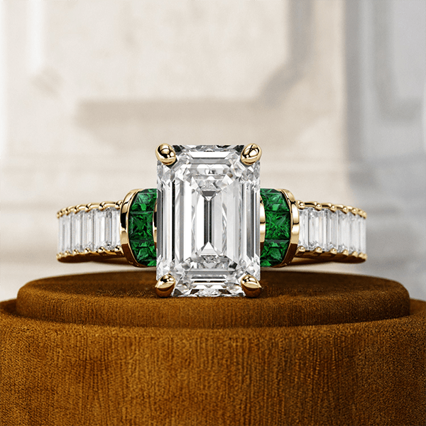 Yellow Gold Emerald Cut White & Emerald Sapphire Engagement Ring
