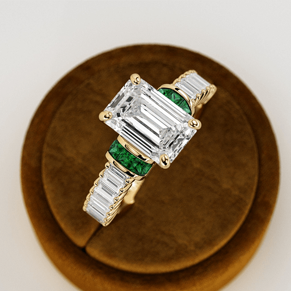 Yellow Gold Emerald Cut White & Emerald Sapphire Engagement Ring
