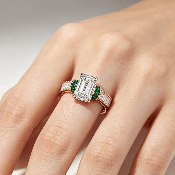 Yellow Gold Emerald Cut White & Emerald Sapphire Engagement Ring