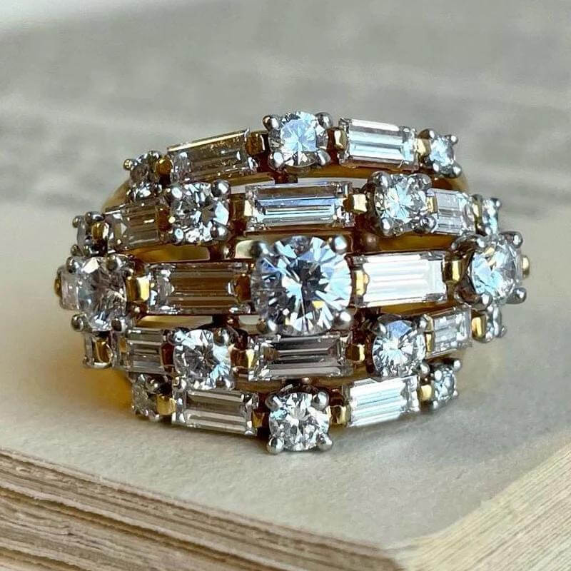 Multi Row Round & Baguette Cut White Sapphire Cocktail Wedding Band