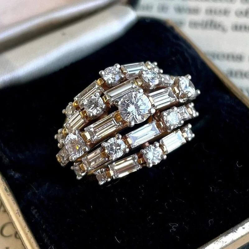 Multi Row Round & Baguette Cut White Sapphire Cocktail Wedding Band