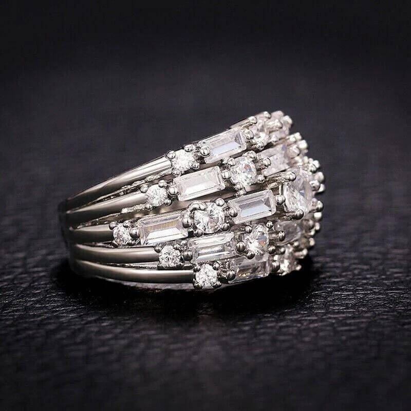 Multi Row Round & Baguette Cut White Sapphire Cocktail Wedding Band