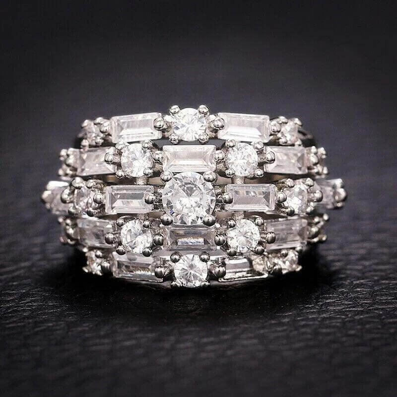 Multi Row Round & Baguette Cut White Sapphire Cocktail Wedding Band
