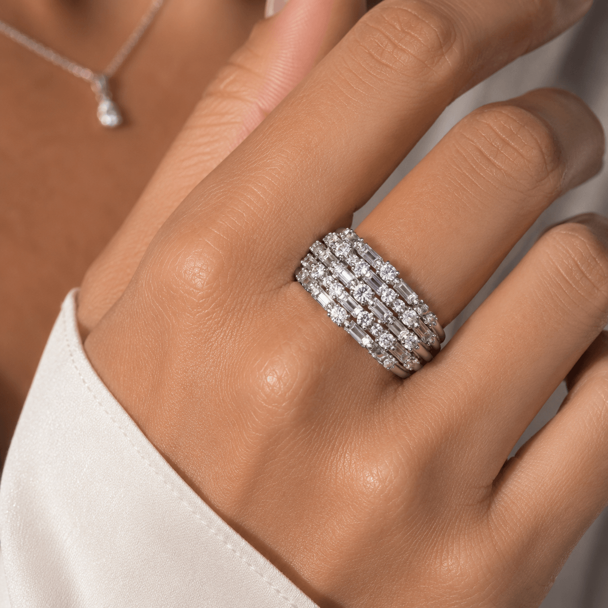 Multi Row Round & Baguette Cut White Sapphire Cocktail Wedding Band