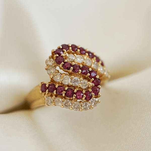 Yellow Gold Swirl Design Round Cut Ruby & White Sapphire Cocktail Band