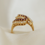 Yellow Gold Swirl Design Round Cut Ruby & White Sapphire Cocktail Band