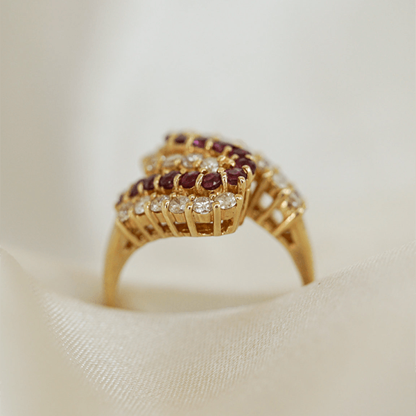 Yellow Gold Swirl Design Round Cut Ruby & White Sapphire Cocktail Band