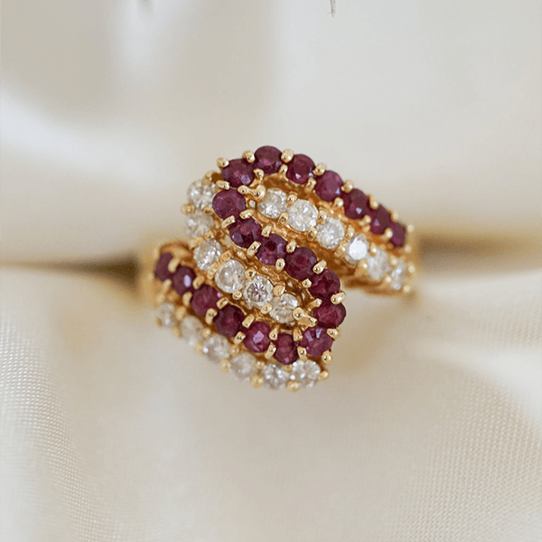 Yellow Gold Swirl Design Round Cut Ruby & White Sapphire Cocktail Band