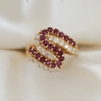 Yellow Gold Swirl Design Round Cut Ruby & White Sapphire Cocktail Band