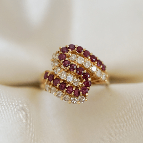 Yellow Gold Swirl Design Round Cut Ruby & White Sapphire Cocktail Band