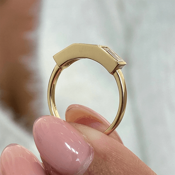 Classic Yellow Gold Bezel Three Stone Baguette Cut White Sapphire Wedding Band For Women