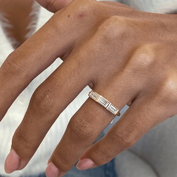 Classic Yellow Gold Bezel Three Stone Baguette Cut White Sapphire Wedding Band For Women