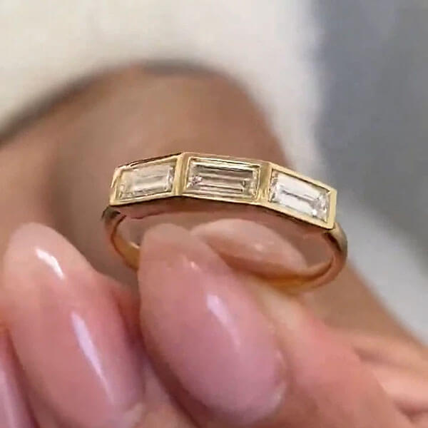 Classic Yellow Gold Bezel Three Stone Baguette Cut White Sapphire Wedding Band For Women