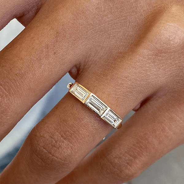 Classic Yellow Gold Bezel Three Stone Baguette Cut White Sapphire Wedding Band For Women