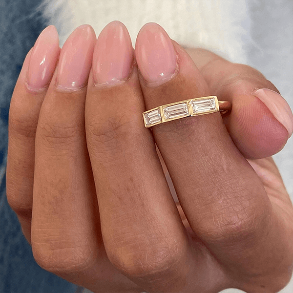Classic Yellow Gold Bezel Three Stone Baguette Cut White Sapphire Wedding Band For Women