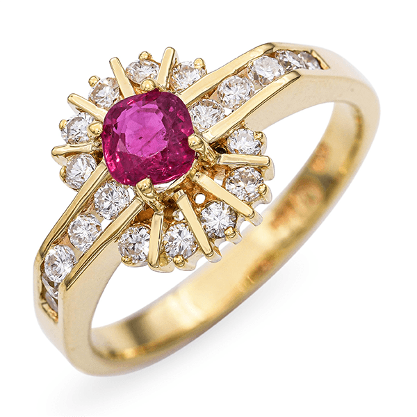 Yellow Gold Halo Cushion Cut Ruby Sapphire Engagement Ring
