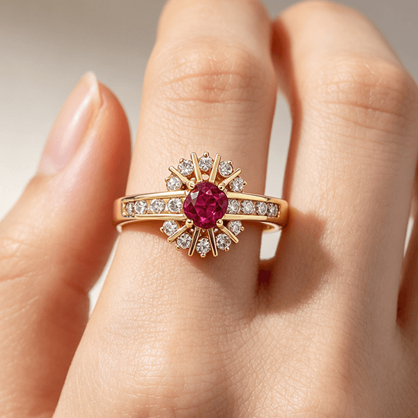 Yellow Gold Halo Cushion Cut Ruby Sapphire Engagement Ring