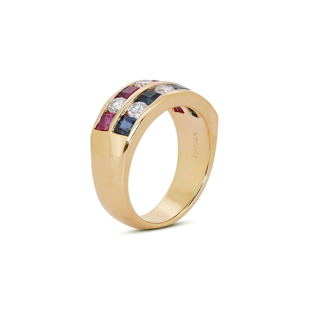 Luxury Jewelry Vintage Yellow Gold Asscher & Round Cut Ruby & Blue & White Sapphire Wedding Band