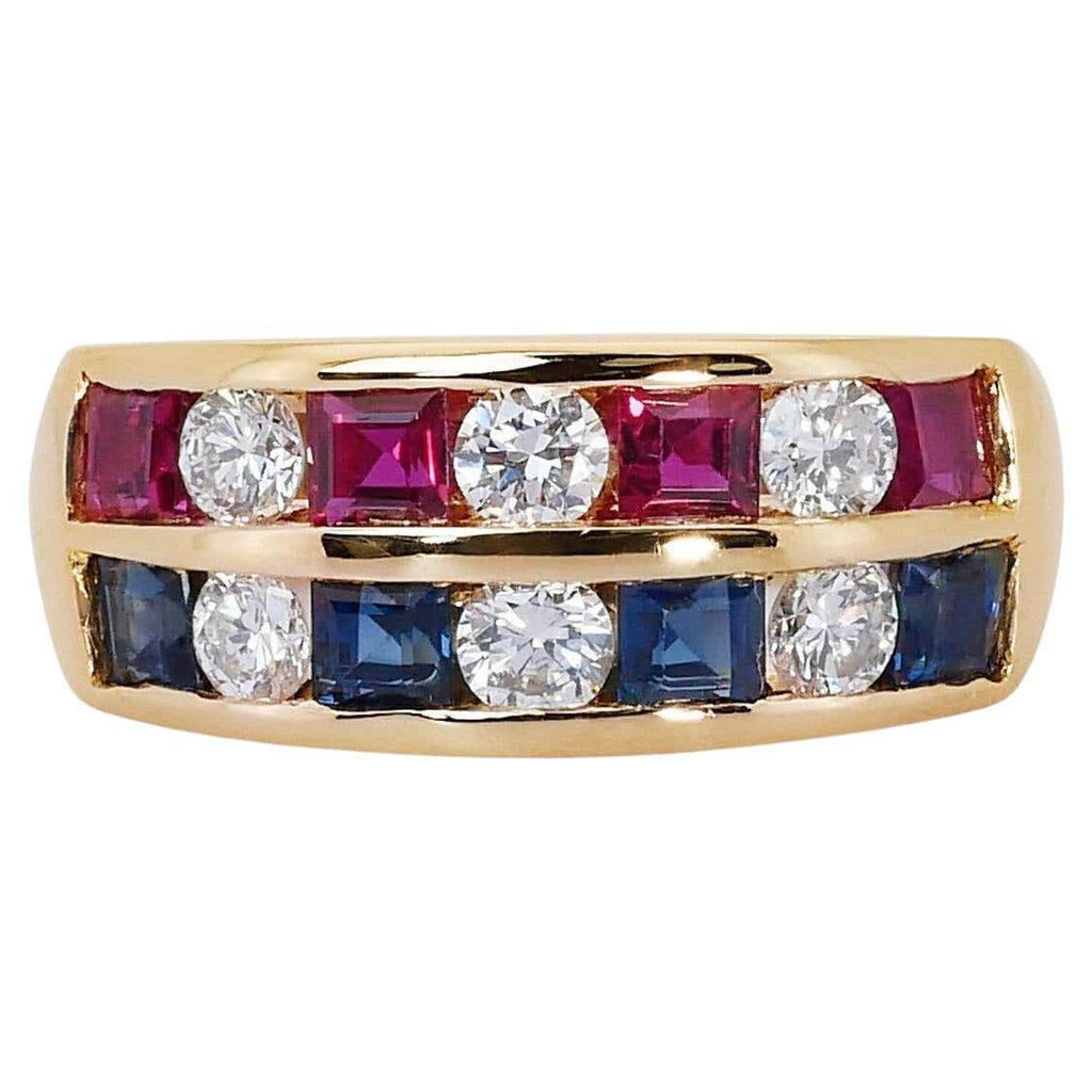 Luxury Jewelry Vintage Yellow Gold Asscher & Round Cut Ruby & Blue & White Sapphire Wedding Band