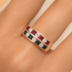 Luxury Jewelry Vintage Yellow Gold Asscher & Round Cut Ruby & Blue & White Sapphire Wedding Band