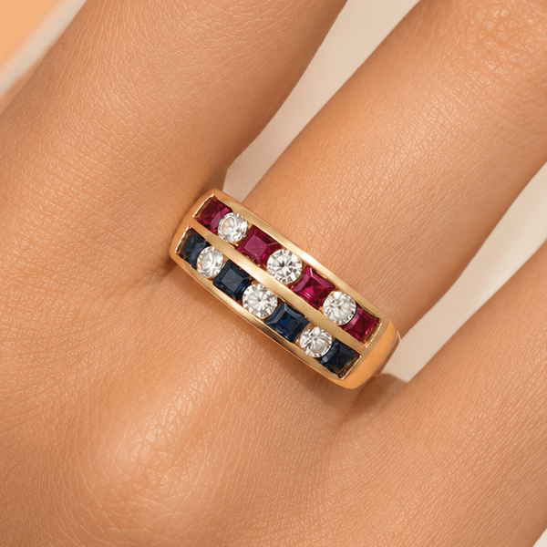 Luxury Jewelry Vintage Yellow Gold Asscher & Round Cut Ruby & Blue & White Sapphire Wedding Band