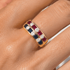 Luxury Jewelry Vintage Yellow Gold Asscher & Round Cut Ruby & Blue & White Sapphire Wedding Band