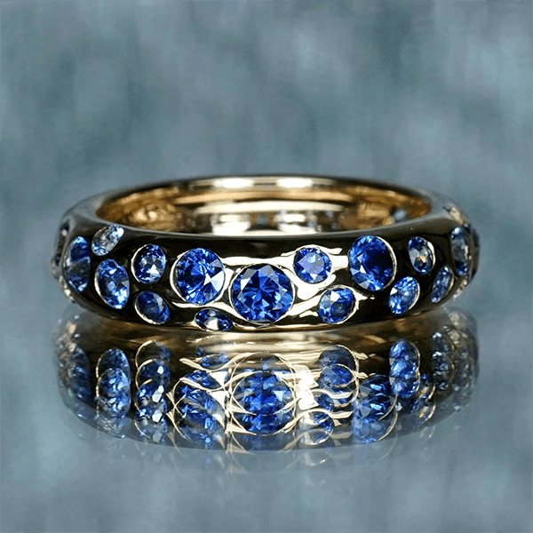 Yellow Gold Round Cut Blue Sapphire Half Eternity Wedding Band