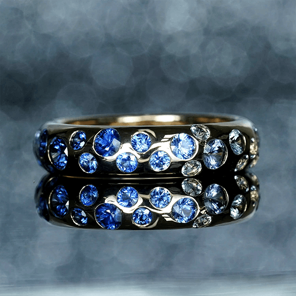 Yellow Gold Round Cut Blue Sapphire Half Eternity Wedding Band
