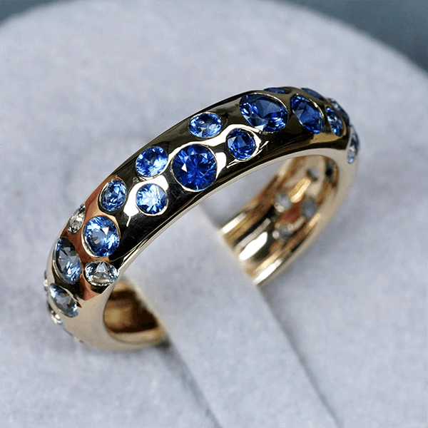 Yellow Gold Round Cut Blue Sapphire Half Eternity Wedding Band