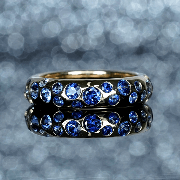 Yellow Gold Round Cut Blue Sapphire Half Eternity Wedding Band