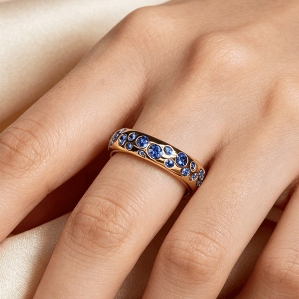 Yellow Gold Round Cut Blue Sapphire Half Eternity Wedding Band