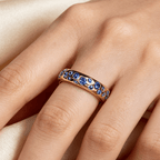 Yellow Gold Round Cut Blue Sapphire Half Eternity Wedding Band