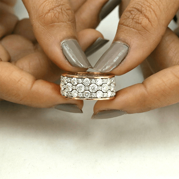 Two Tone Trip Row Round Cut White Sapphire Wedding Band