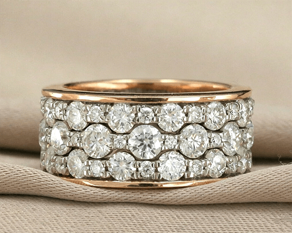 Two Tone Trip Row Round Cut White Sapphire Wedding Band