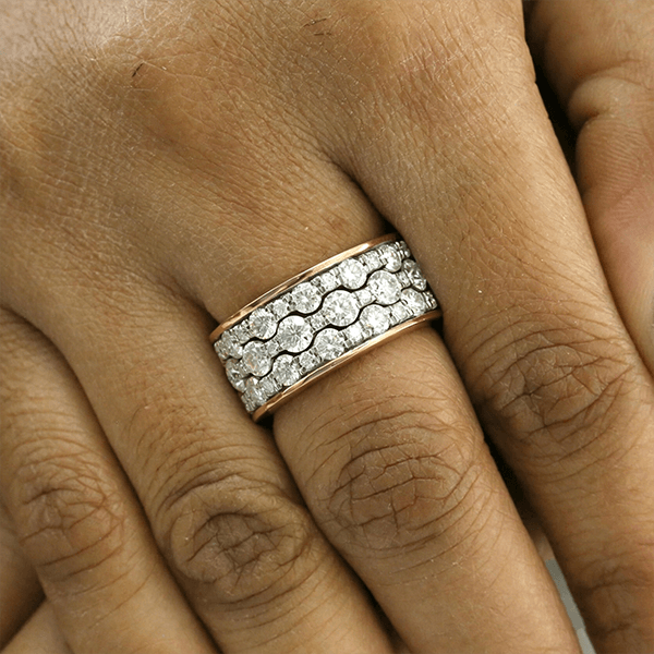 Two Tone Trip Row Round Cut White Sapphire Wedding Band